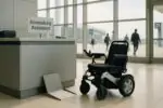 Пустая электрическая коляска у стойки регистрации в светлом аэропорту, символ доступных перелётов
