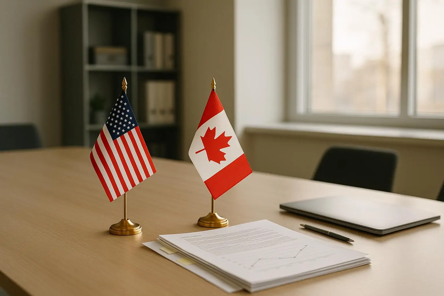 Флаги США и Канады у деловых документов и графиков на столе в светлом офисе, символ спора о торговле