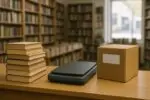 Стопка подержанных книг рядом с закрытым сканером и коробкой в светлом букинистическом магазине