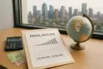 Папка с финансовым прогнозом, графиками и калькулятором на столе, на фоне спокойного городского окна