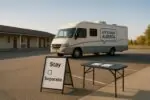 Моторхоум с нейтральной надписью «Let’s Talk Alberta» на парковке мотеля и табличка «остаться/отделиться»