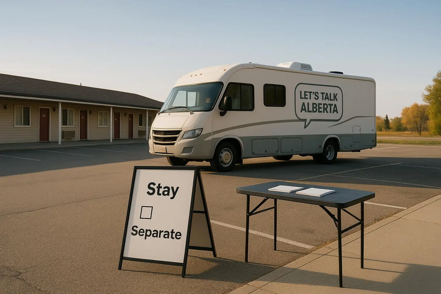 Моторхоум с нейтральной надписью «Let’s Talk Alberta» на парковке мотеля и табличка «остаться/отделиться»