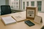 Папка судебных документов и коробка для пожертвований на столе в светлом офисе, нейтральный фон