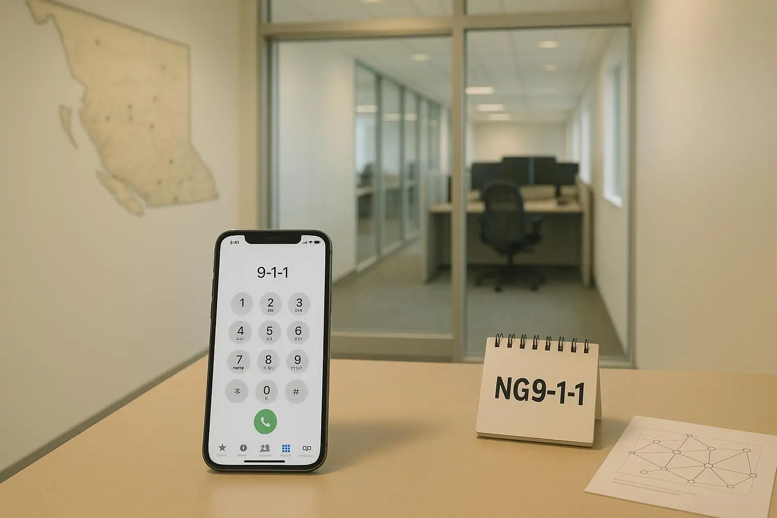 Современный колл-центр и смартфон с набором «9-1-1» как символ обновления службы 911 в Британской Колумбии.