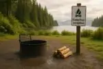 Пустое металлическое кострище на влажной площадке после дождя, на фоне леса и проясняющегося неба