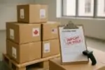 Коробки с алкогольной продукцией на паллете и документ со штампом «импорт приостановлен» в светлом складе