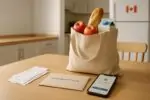 Квитанции из магазина, смартфон с уведомлением о зачислении и продукты на столе в Канаде