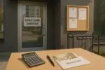 Вход в современный детсад и документы с расчётом платежей рядом с калькулятором, символ дорогого ухода