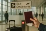 Паспорт и посадочный талон рядом с указателем «Выход/Departures» в светлом аэропорту, без людей