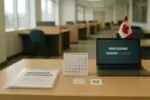 Папка с документами и номерок электронной очереди в светлом офисе, символ длительного ожидания гражданства
