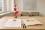 Папка IRCC и сертификат гражданства Канады на столе, рядом две ручки и маленький флаг, светлый офис.
