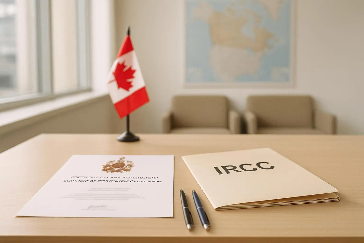 Папка IRCC и сертификат гражданства Канады на столе, рядом две ручки и маленький флаг, светлый офис.