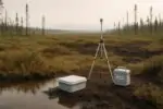 Спокойный пейзаж канадского болота с научными датчиками; вдали лёгкая дымка, символ потепления.