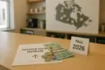 Монеты и купюры канадского доллара рядом с календарём «осень 2026» и картой Канады на фоне