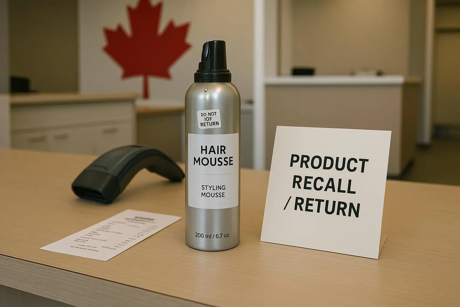 Флакон мусса для укладки рядом с табличкой «Product recall/Return» на стойке возврата в магазине