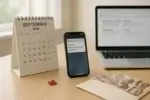 Календарь на сентябрь и смартфон с размытым банковским уведомлением на светлом рабочем столе в Канаде