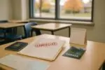 На столе школьного офиса папка с документами поездки со штампом «отменено», рядом паспорт и карта
