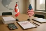 Документы о пошлинах и два настольных флага Канады и США на столе в светлом офисе, символ переговоров