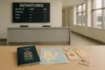 Табло вылетов и на столе канадский паспорт с картой Канады и багажными бирками, намёк на смену направлений