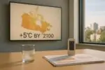 Экран с картой Канады и отметкой «+5°C к 2100», рядом стакан с тающим льдом и климатические графики