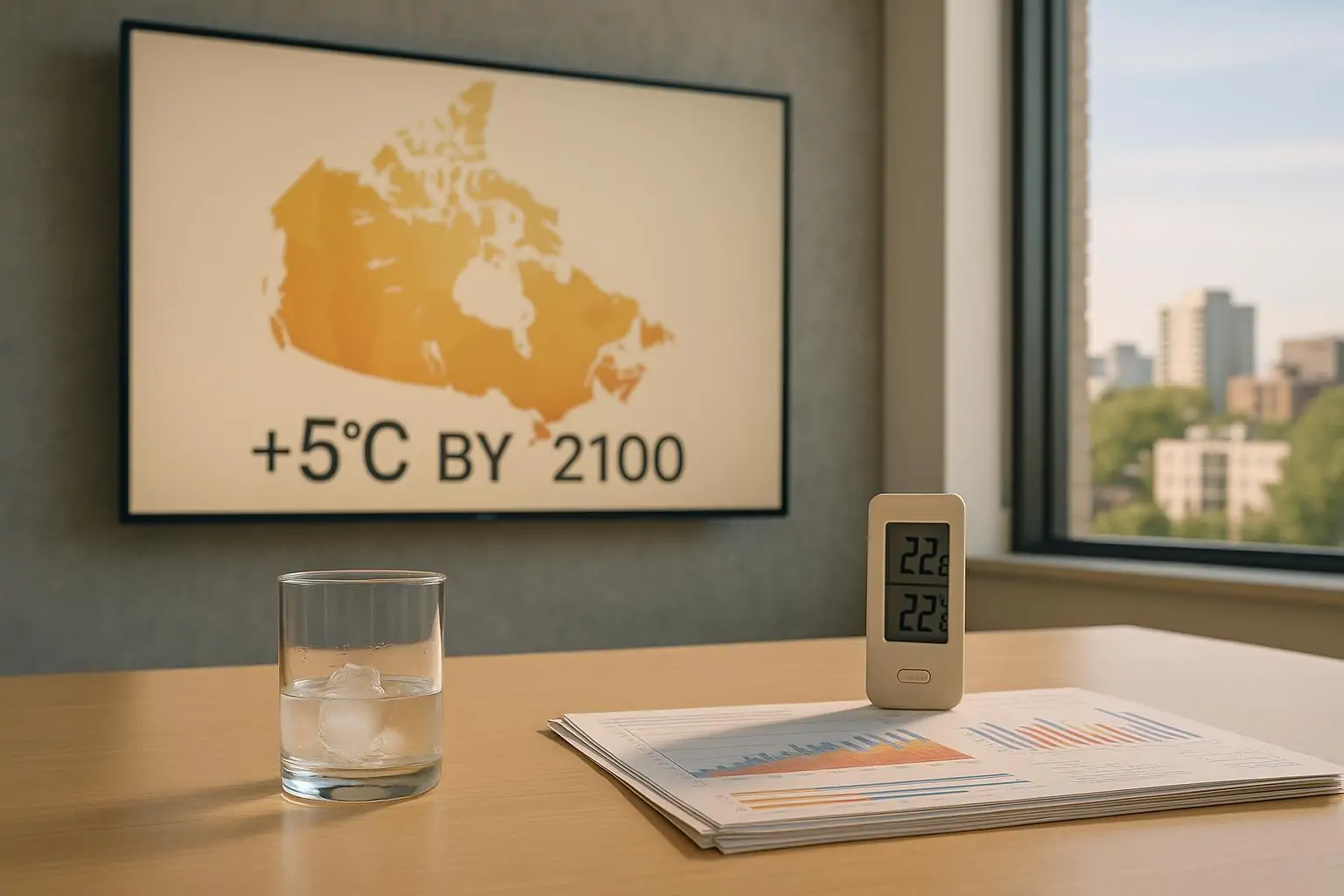 Экран с картой Канады и отметкой «+5°C к 2100», рядом стакан с тающим льдом и климатические графики