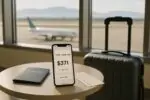 Смартфон с низкой ценой авиабилета Ванкувер—Канкун рядом с чемоданом на фоне светлого аэропорта