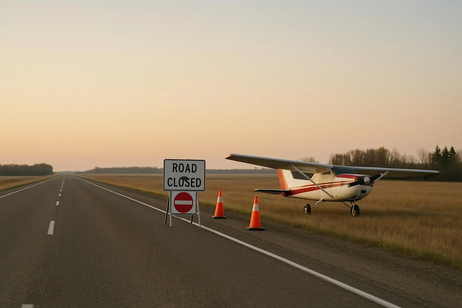 Небольшая красно-белая Cessna стоит на обочине сельской трассы на рассвете, рядом конусы и знак.