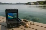 Спокойный вид на залив и причал: планшет с картой дна и рядом в воде едва заметны бетонные рифовые шары