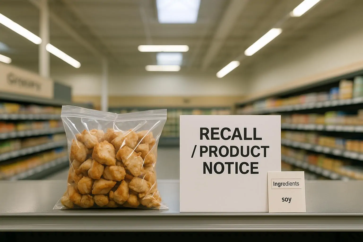 Упаковка куриного продукта на полке магазина рядом с нейтральным объявлением об отзыве и пометкой «соя».