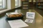 Упаковка куриного продукта рядом с карточкой «Product Recall» и отметкой «soy» в списке ингредиентов.