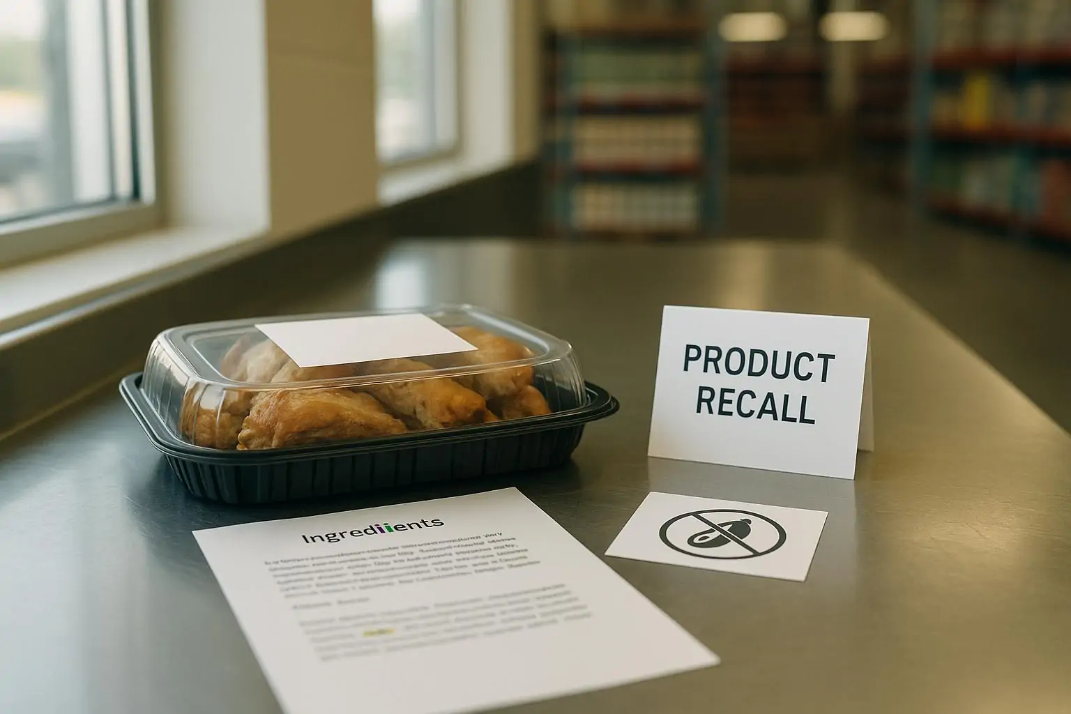 Упаковка куриного продукта рядом с карточкой «Product Recall» и отметкой «soy» в списке ингредиентов.