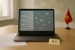 Ноутбук с обезличенной лентой соцсети и размытыми «AI-новостями», на фоне карта Канады и намёк на Вьетнам.