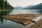 Спокойный вид водохранилища в Канаде: у берега дрейфует большой плот из деревьев и брёвен при дневном свете