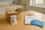 Порционные соусы и бумаги об отзыве на столе в светлом офисе контроля качества, нейтральный кадр