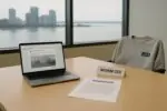 Светлый офисный стол с пресс-релизом и открытым ноутбуком, символизирующие скандал из-за шутки