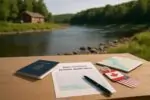 Заявка на нерезидентскую лицензию рядом с картой реки и туристическими бирками, спокойный пейзаж Нью-Брансуика