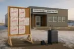 Здание суда в северном поселке и доска с расписанием, где заседания отмечены как перенесенные на годы вперед