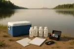 Спокойный вид на реку с набором для отбора проб воды и картой; вдали едва заметны промобъекты.