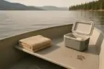 Тихое озеро Оканаган и пустая лодка с полотенцем и следами воды — символ осторожной помощи медвежонку.