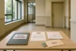 Папка с договором аренды, календарь и конверт «Rent» в светлом холле дома как символ новых правил выселений в Онтарио