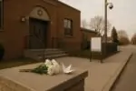 Тихий день у здания синагоги в Онтарио: у входа лежат белые цветы и записка как знак солидарности.