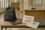 Пустой холл колледжа: рюкзак, счёт за обучение и конверт «Student Aid» со штампом «Pending».