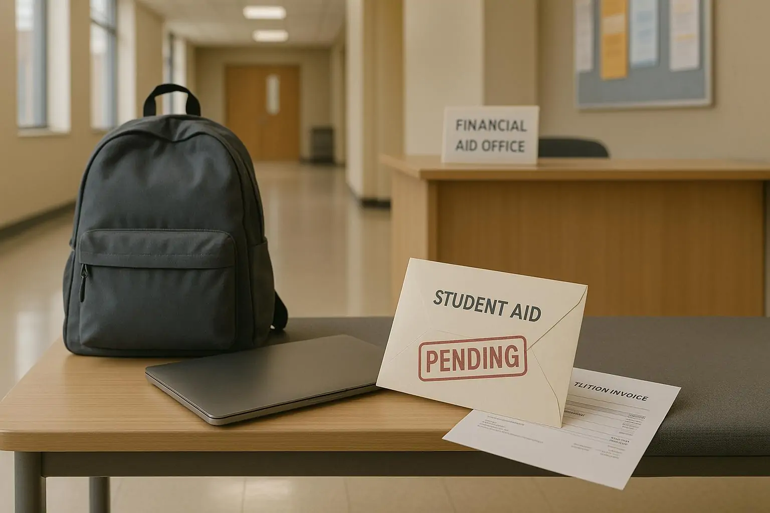 Пустой холл колледжа: рюкзак, счёт за обучение и конверт «Student Aid» со штампом «Pending».