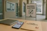 Канцелярский стол с папкой «Court Documents» и размытым экраном соцсетей на фоне мэрии Оттавы