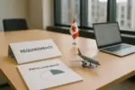Папки «требования» и «закупка» и схема радара с разрывом на столе в офисе, без людей, дневной свет.