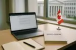 Ноутбук с интерфейсом ИИ и папка с документами о регулировании на столе в офисе, дневной свет