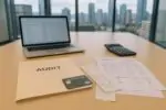 Стол в офисе: папка «Audit», чеки и корпоративная карта рядом с ноутбуком и таблицей расходов, дневной свет