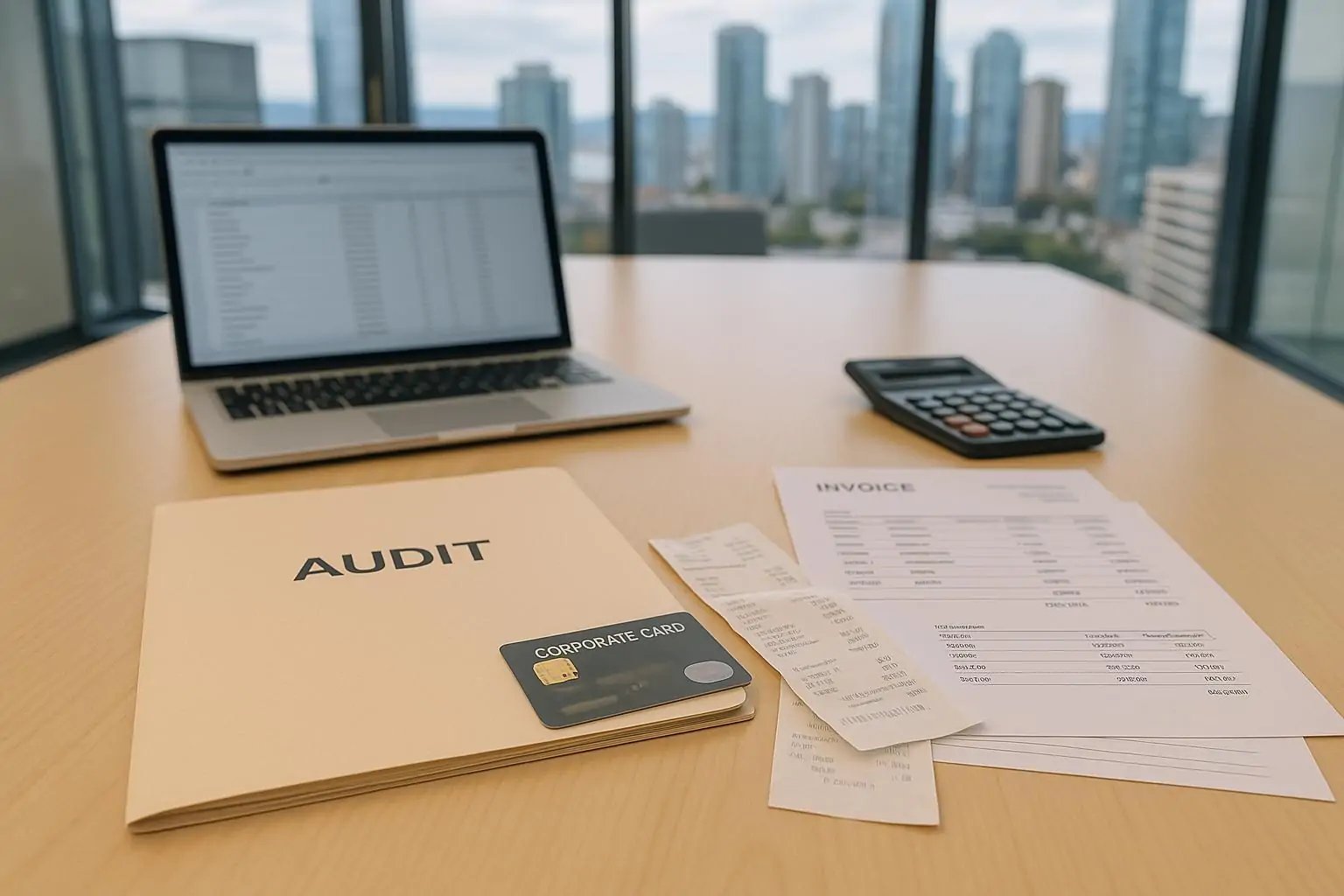 Стол в офисе: папка «Audit», чеки и корпоративная карта рядом с ноутбуком и таблицей расходов, дневной свет