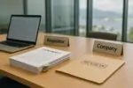 На офисном столе договоры и папка «REVIEW» рядом с ноутбуком, символизируя спор телеком-компании с регулятором.