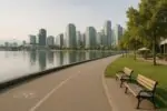 Спокойный вид на набережную и парк Ванкувера при мягком дневном свете, с городом и горами вдали